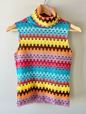 Colorful Striped Crochet Turtleneck Sleeveless Top Size L -Retro 70s Festival